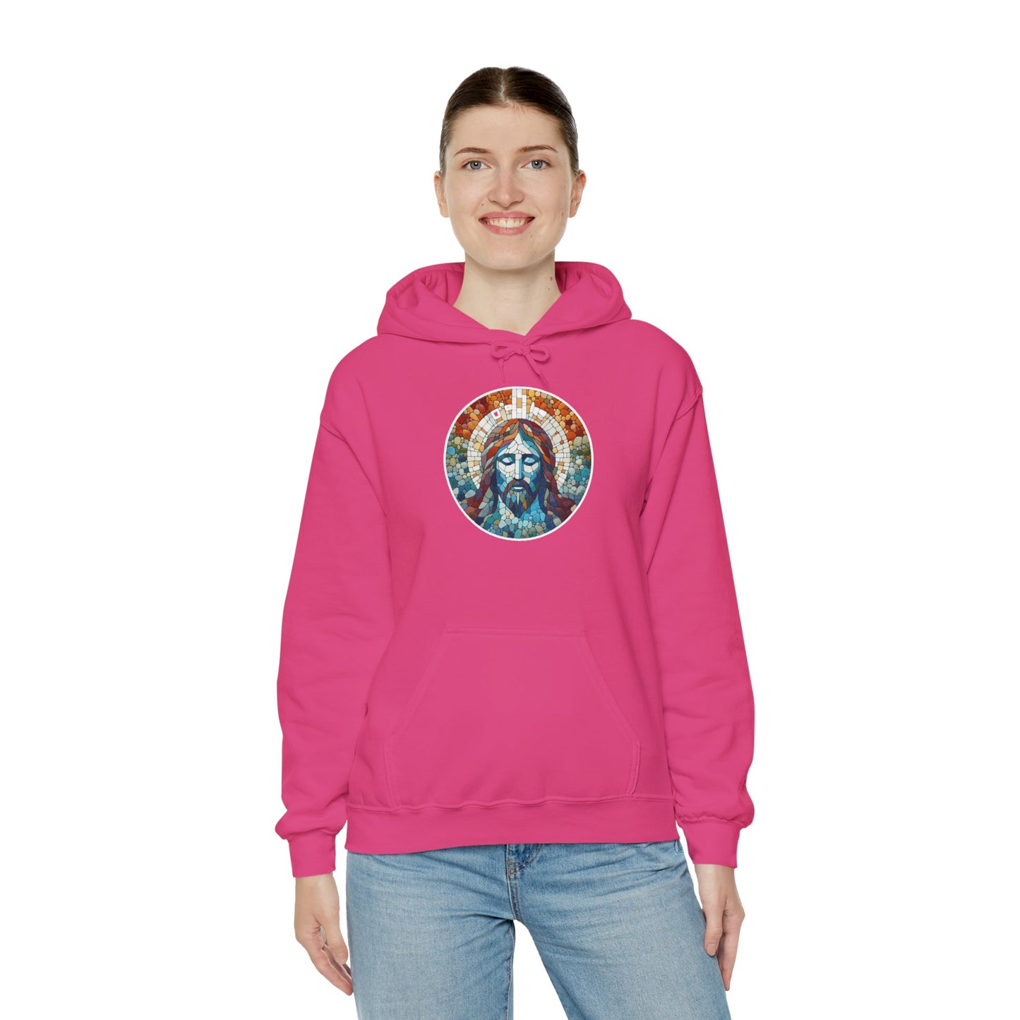 Hooded Sweatshirt - Colorful Jesus Mosaic Face Digital Art