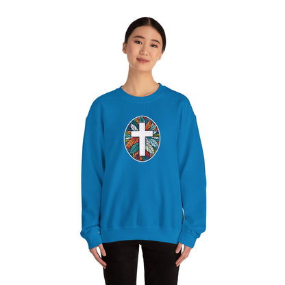 Colorful Leaf Mosaic Unisex Sweatshirt with White Cross Design