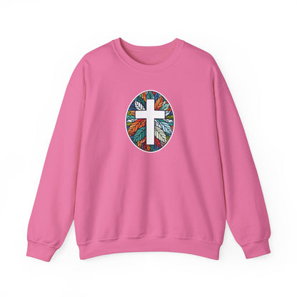 Colorful Leaf Mosaic Unisex Sweatshirt with White Cross Design