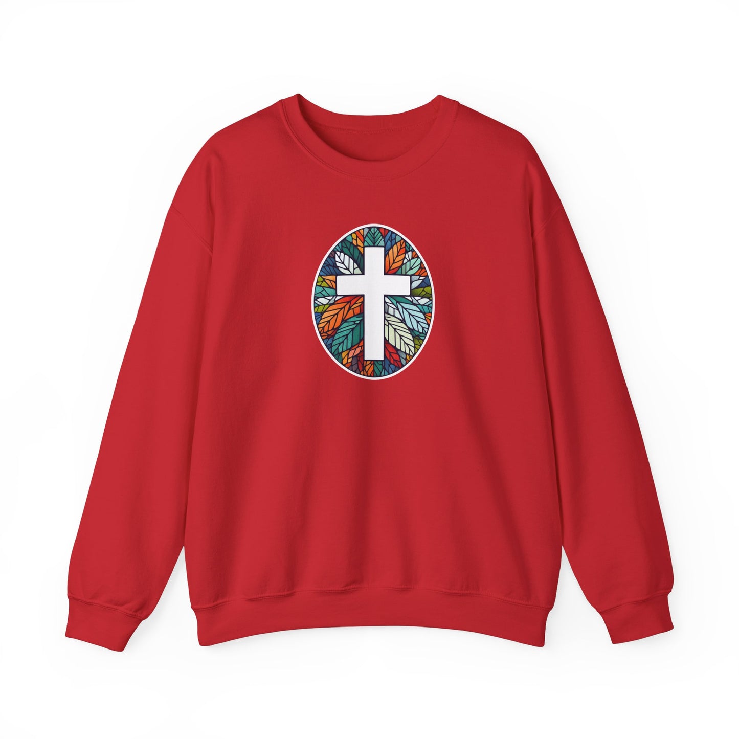 Colorful Leaf Mosaic Unisex Sweatshirt with White Cross Design