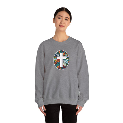 Colorful Leaf Mosaic Unisex Sweatshirt with White Cross Design