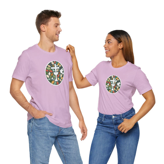 Unisex short-sleeved t-shirt with a cross surrounded by colorful natural leaves: for everyday use, show off your Catholicism.