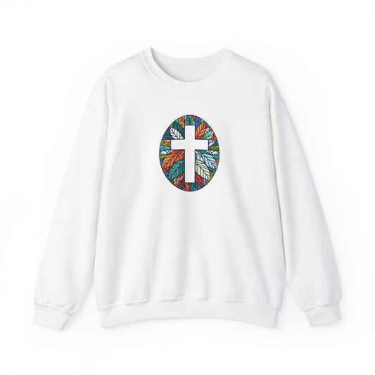 Colorful Leaf Mosaic Unisex Sweatshirt with White Cross Design