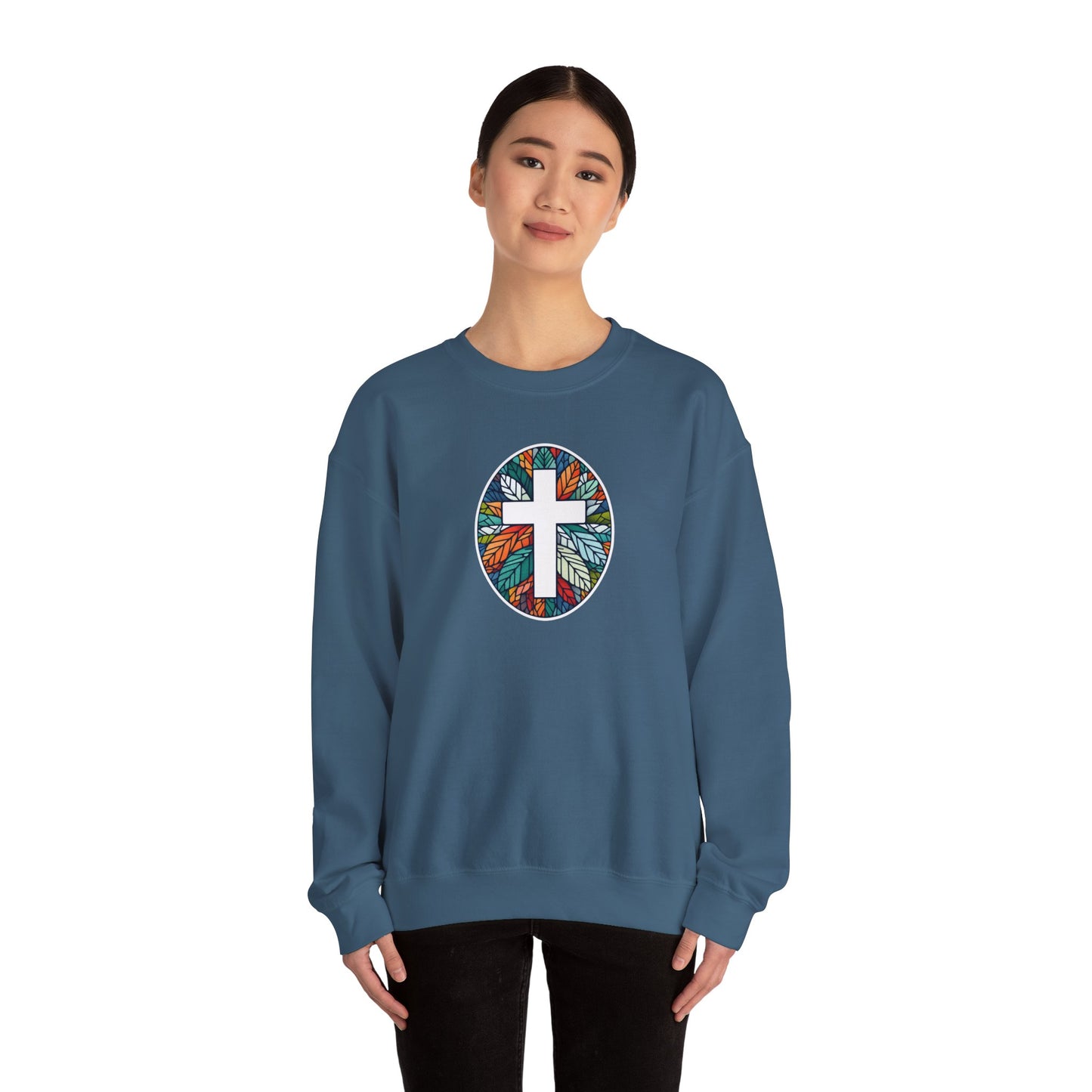 Colorful Leaf Mosaic Unisex Sweatshirt with White Cross Design