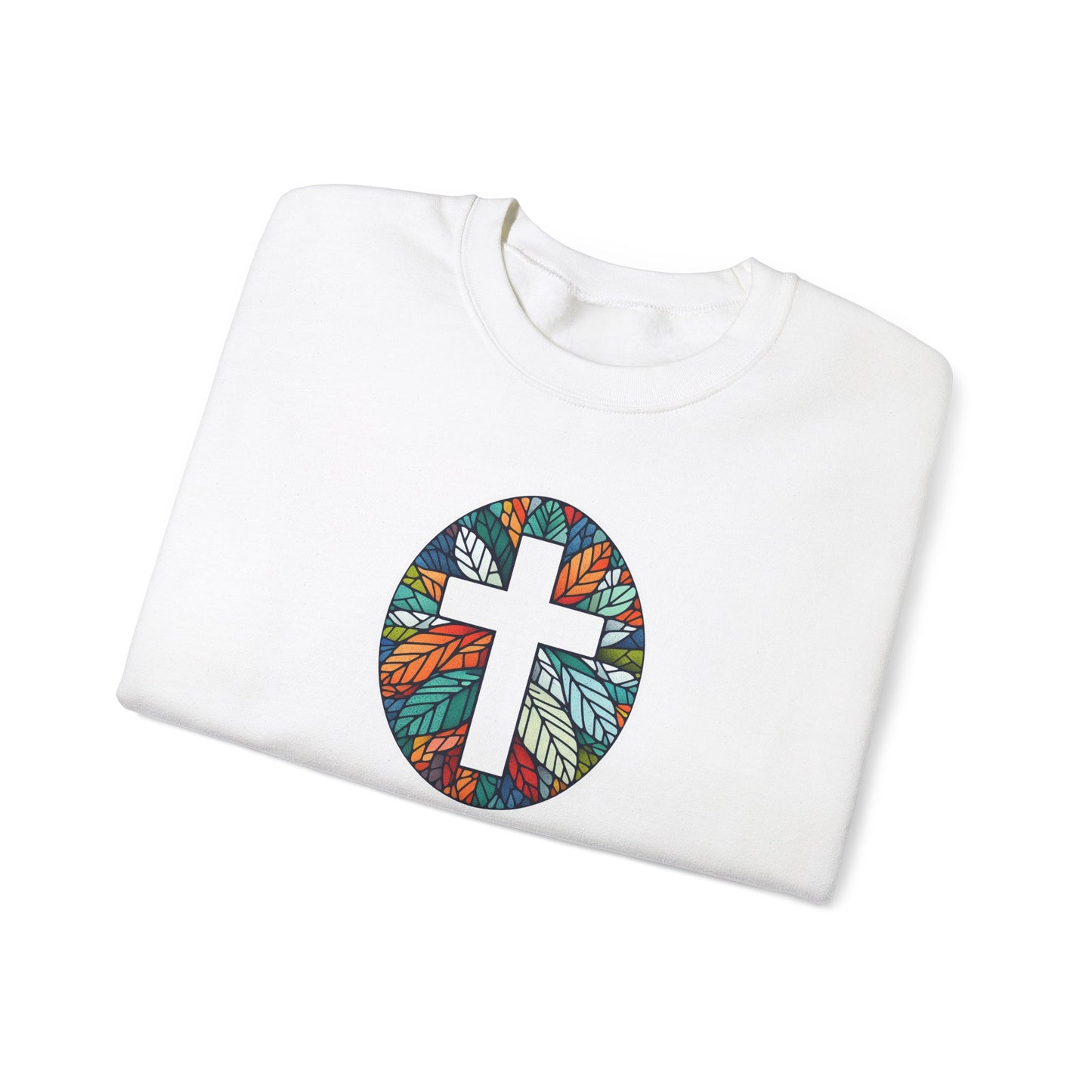 Colorful Leaf Mosaic Unisex Sweatshirt with White Cross Design