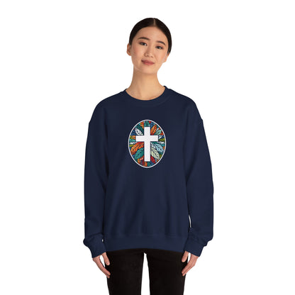 Colorful Leaf Mosaic Unisex Sweatshirt with White Cross Design