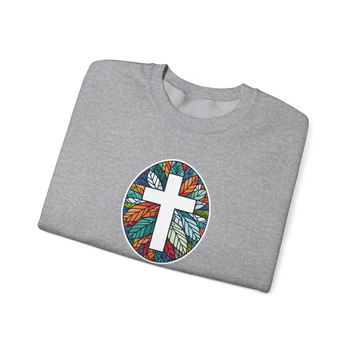 Colorful Leaf Mosaic Unisex Sweatshirt with White Cross Design