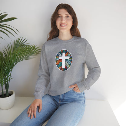 Colorful Leaf Mosaic Unisex Sweatshirt with White Cross Design