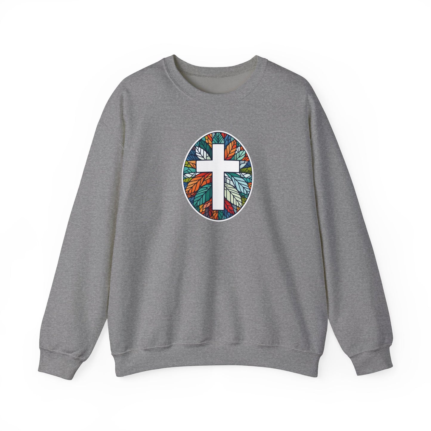 Colorful Leaf Mosaic Unisex Sweatshirt with White Cross Design