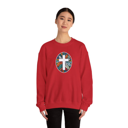 Colorful Leaf Mosaic Unisex Sweatshirt with White Cross Design