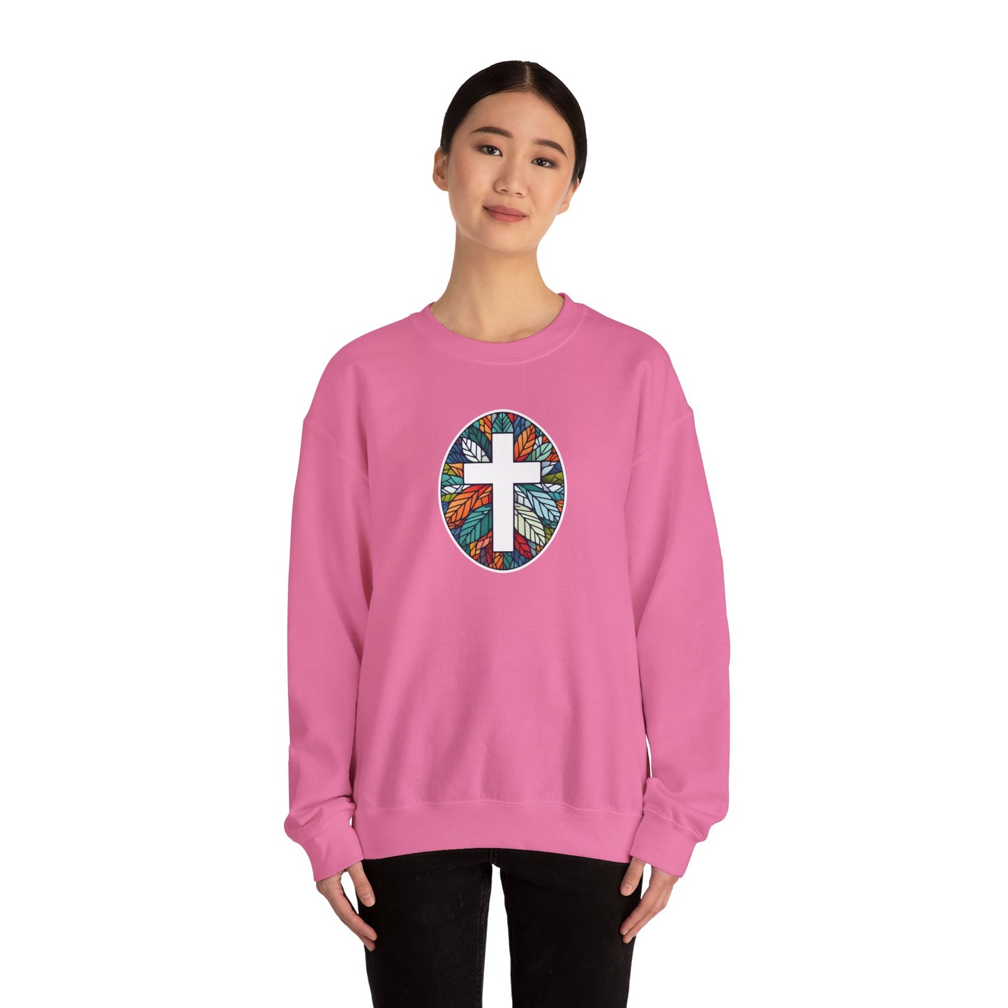 Colorful Leaf Mosaic Unisex Sweatshirt with White Cross Design