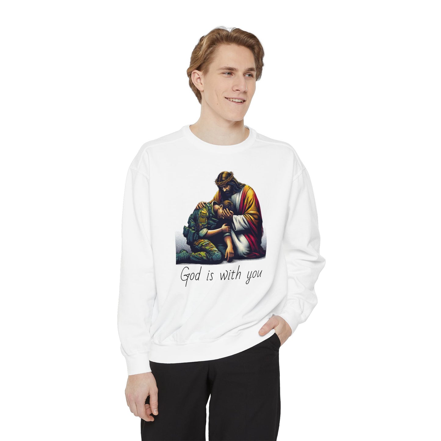 Religious Sweatshirt - Jesus Strengthening American Soldier After Battle