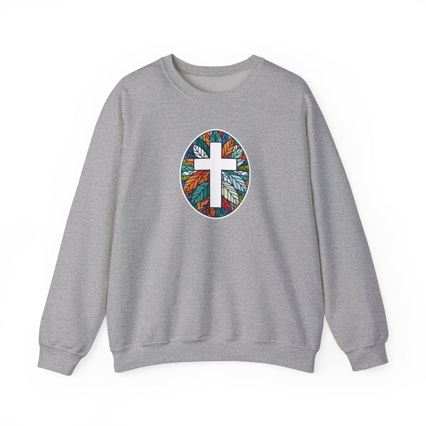 Colorful Leaf Mosaic Unisex Sweatshirt with White Cross Design