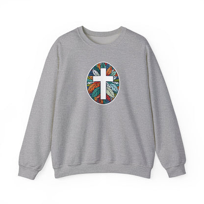 Colorful Leaf Mosaic Unisex Sweatshirt with White Cross Design