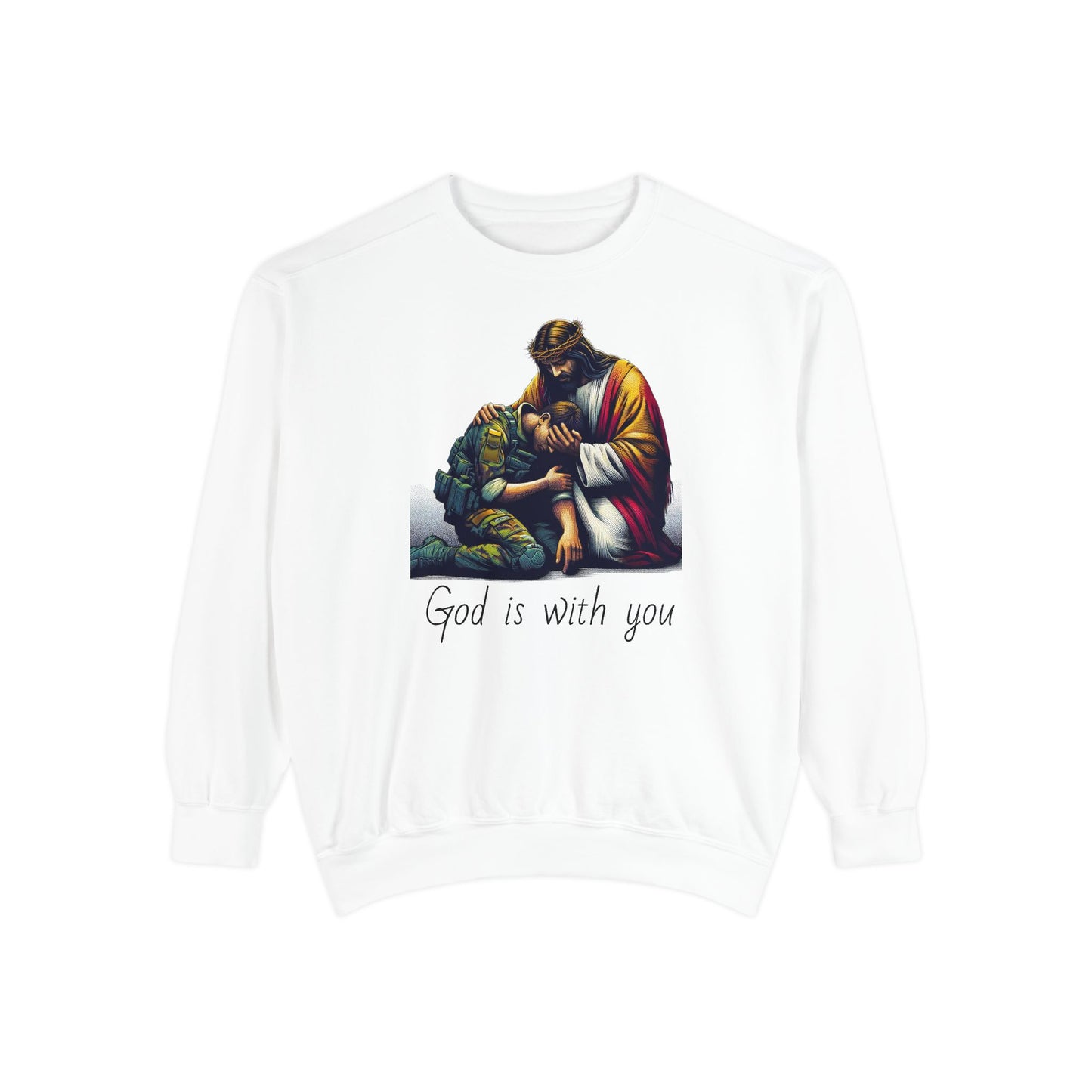 Religious Sweatshirt - Jesus Strengthening American Soldier After Battle