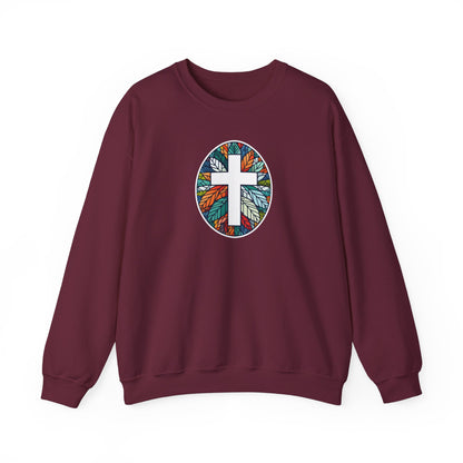 Colorful Leaf Mosaic Unisex Sweatshirt with White Cross Design