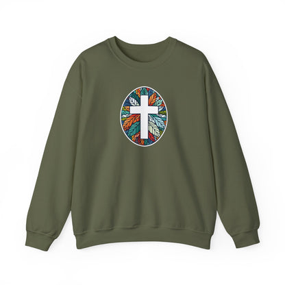 Colorful Leaf Mosaic Unisex Sweatshirt with White Cross Design