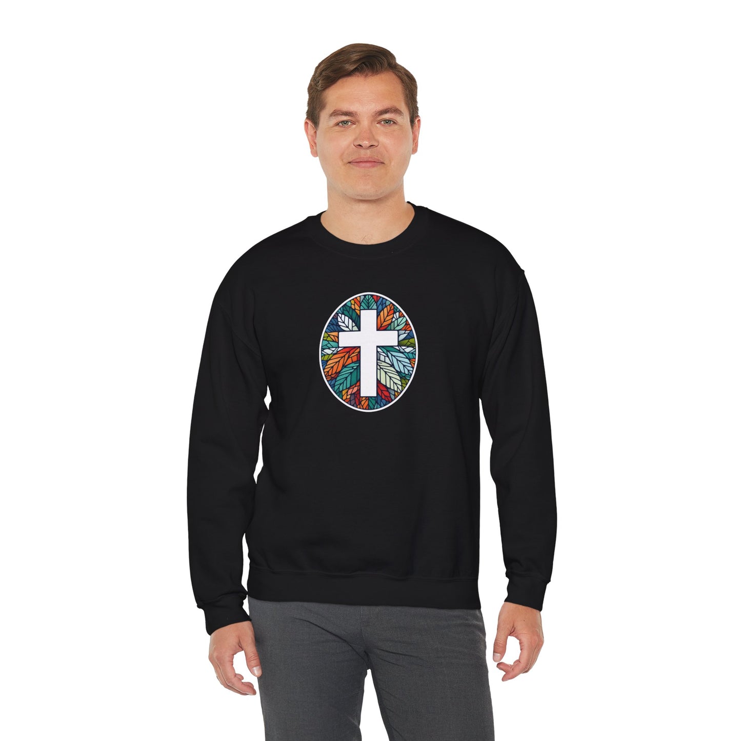 Colorful Leaf Mosaic Unisex Sweatshirt with White Cross Design