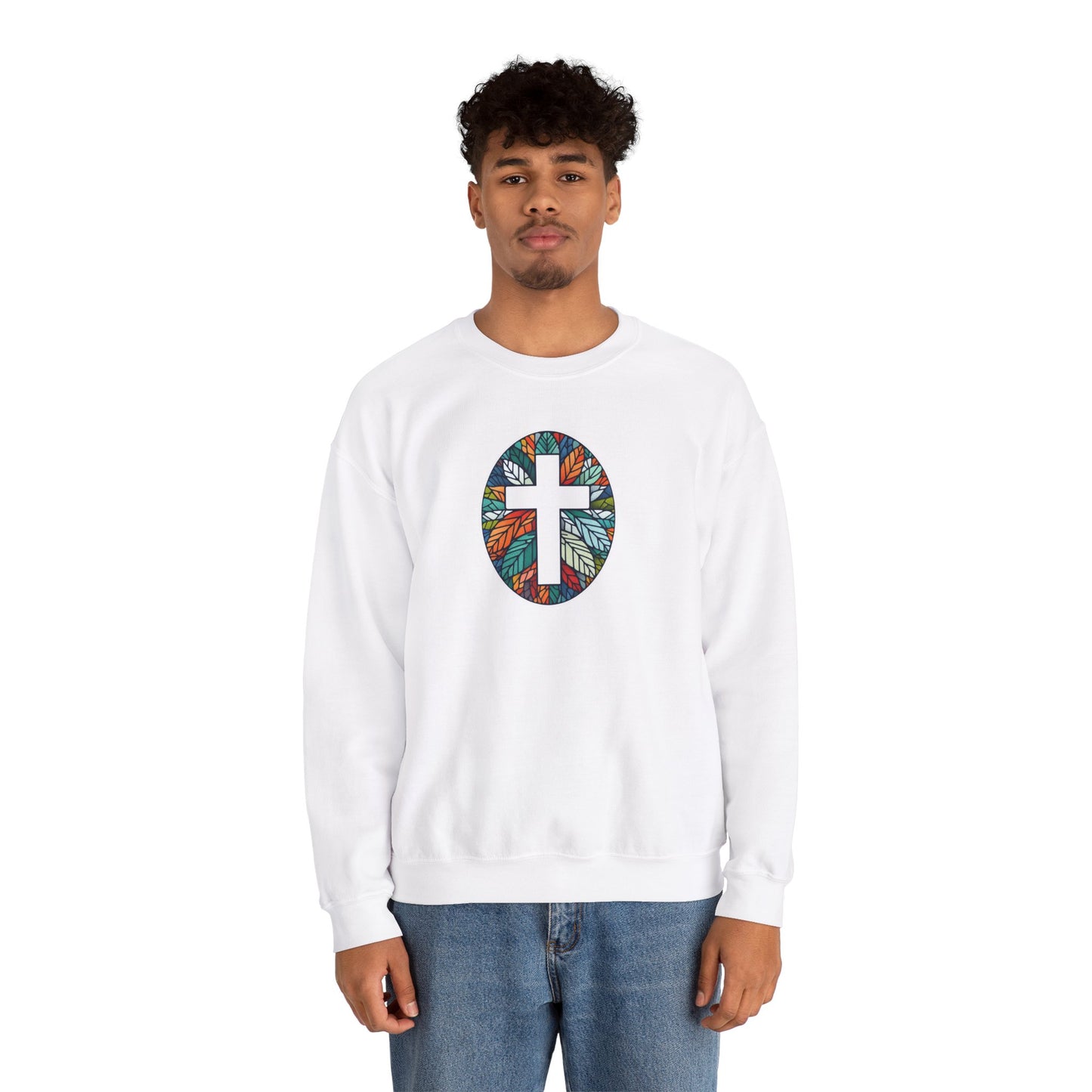 Colorful Leaf Mosaic Unisex Sweatshirt with White Cross Design