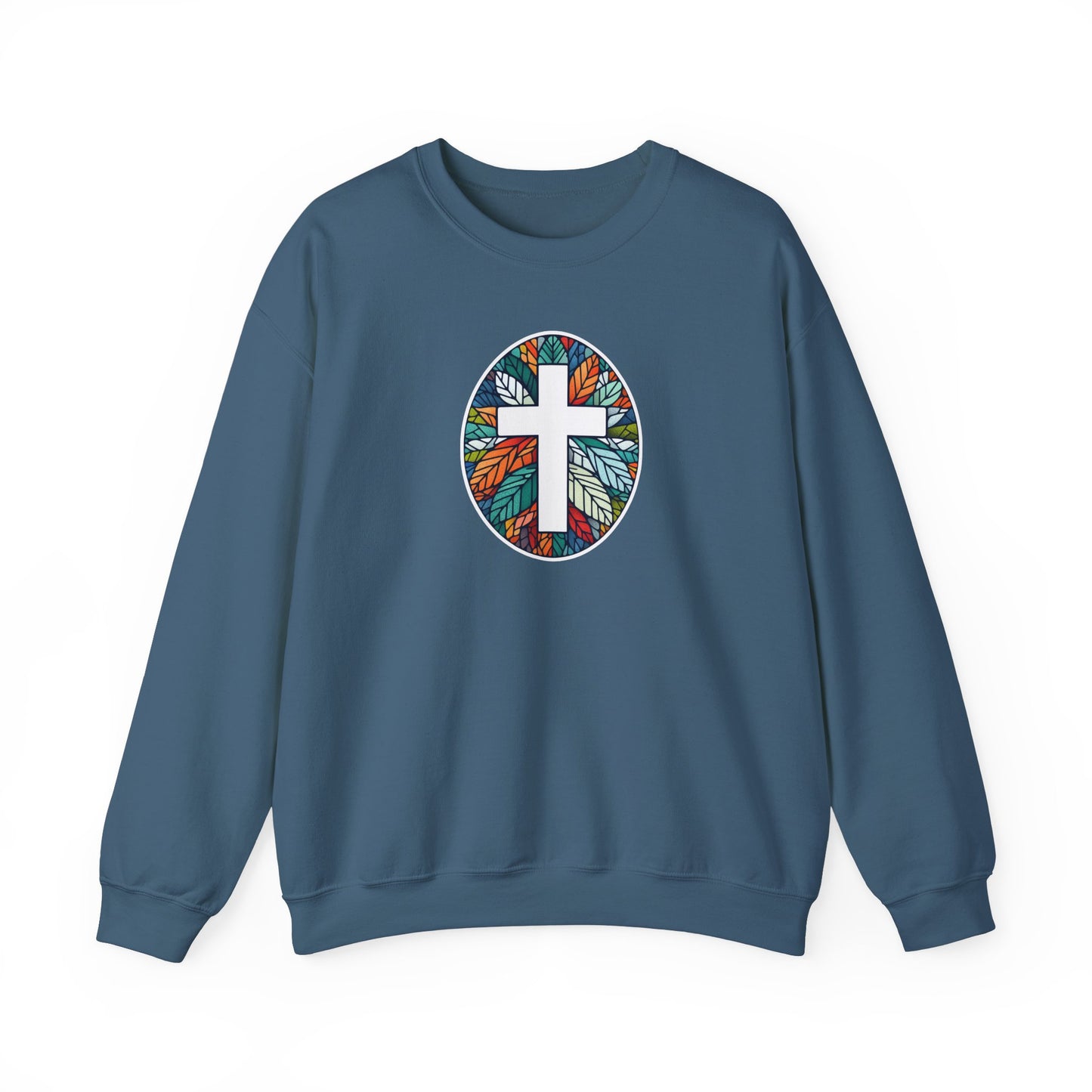 Colorful Leaf Mosaic Unisex Sweatshirt with White Cross Design