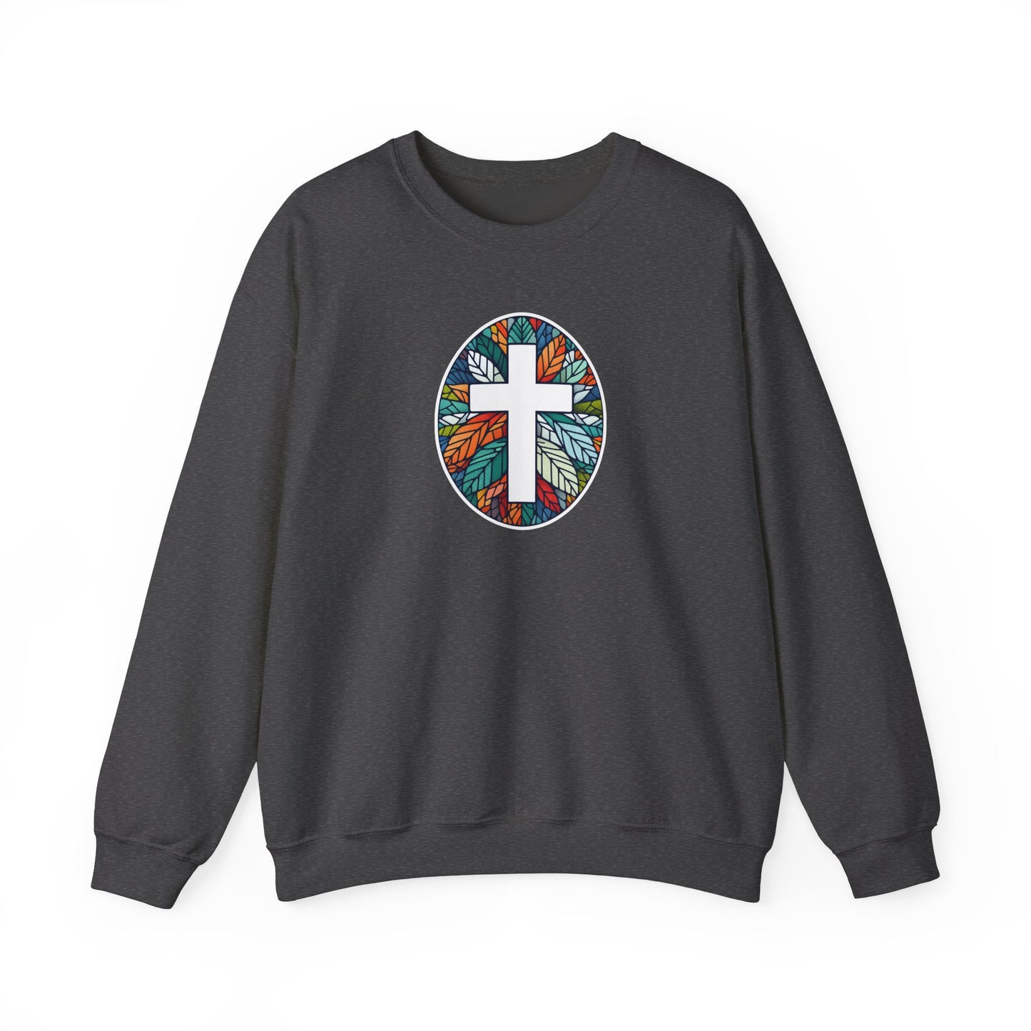 Colorful Leaf Mosaic Unisex Sweatshirt with White Cross Design