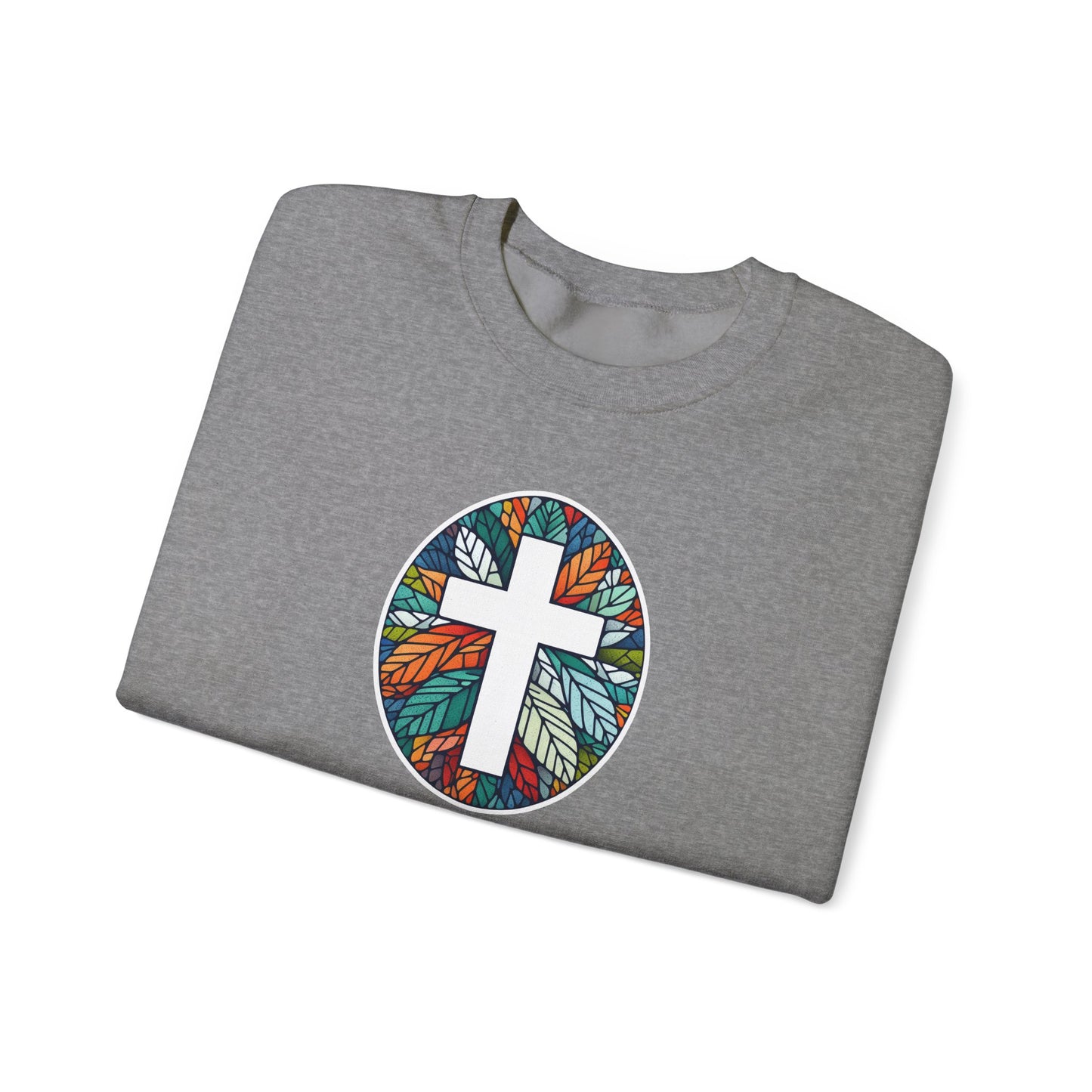 Colorful Leaf Mosaic Unisex Sweatshirt with White Cross Design