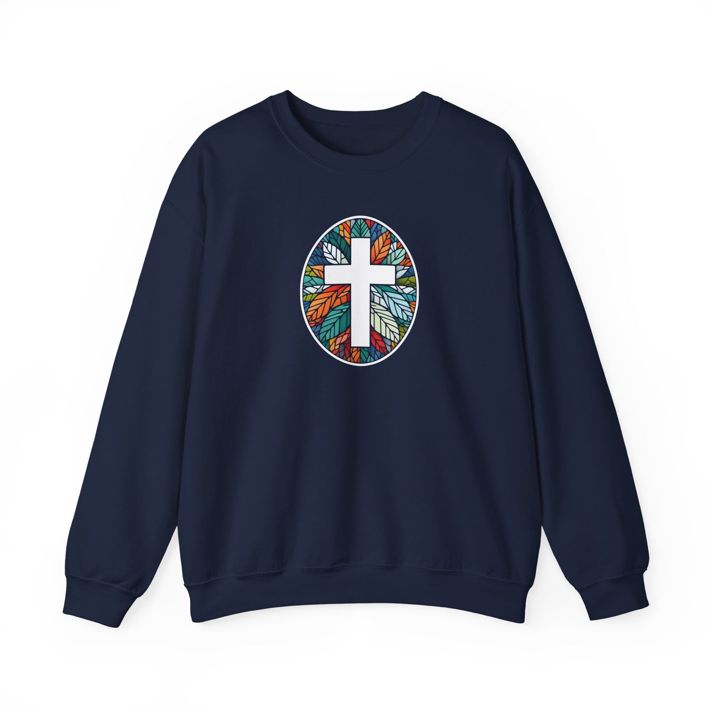 Colorful Leaf Mosaic Unisex Sweatshirt with White Cross Design